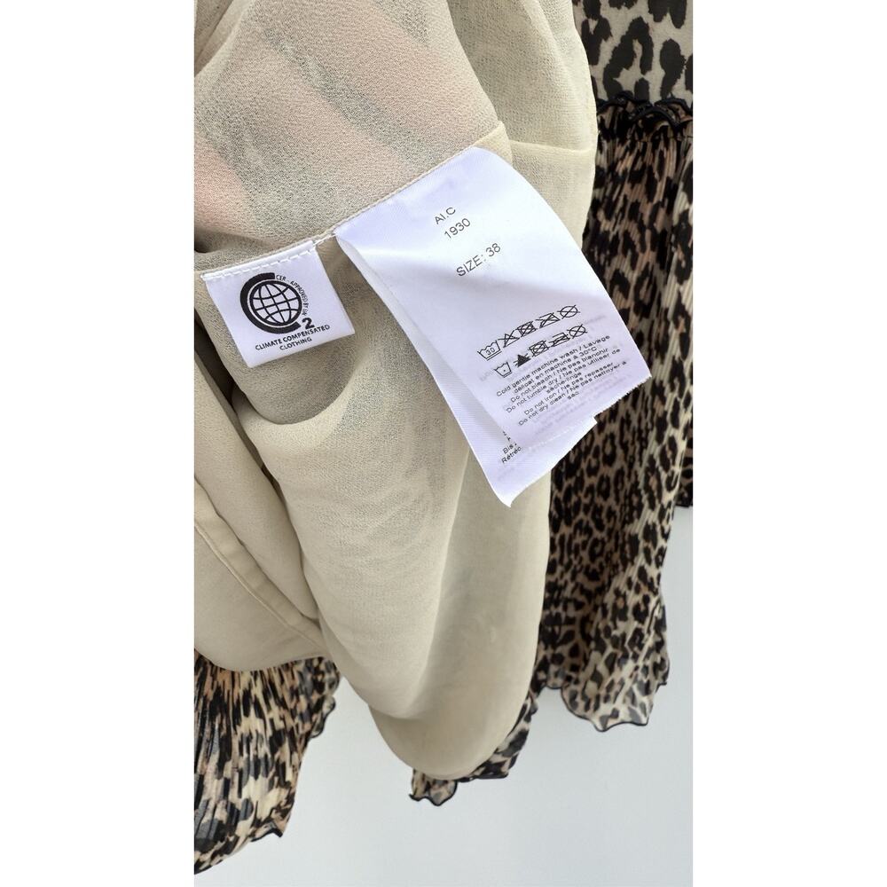 GANNI Leopard Print Babydoll Dress Size 38 Sz 6 Puff Sleeve Pleated Sheer Lined - Picture 5 of 10